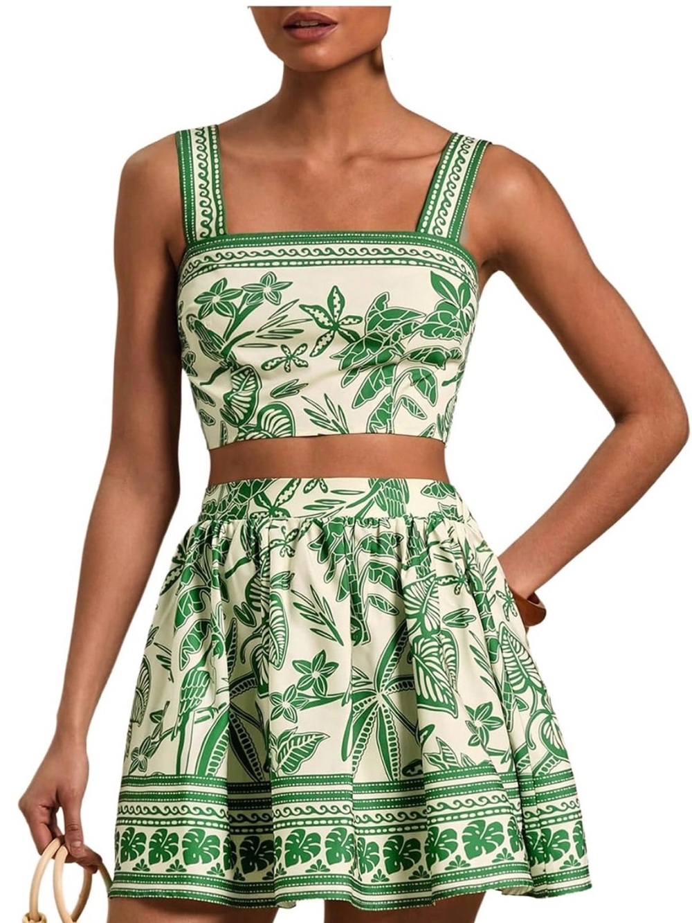 Amazon Green and Cream Printed Two-Piece Skirt Set